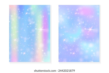 Rainbow background with kawaii princess gradient. Magic unicorn hologram. Holographic fairy set. Trendy fantasy cover. Rainbow background with sparkles and stars for cute girl party invitation.