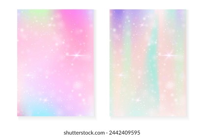 Rainbow background with kawaii princess gradient. Magic unicorn hologram. Holographic fairy set. Creative fantasy cover. Rainbow background with sparkles and stars for cute girl party invitation.