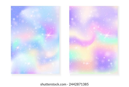 Rainbow background with kawaii princess gradient. Magic unicorn hologram. Holographic fairy set. Bright fantasy cover. Rainbow background with sparkles and stars for cute girl party invitation.