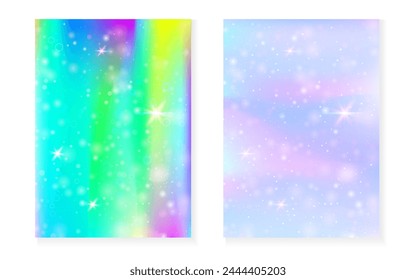 Rainbow background with kawaii princess gradient. Magic unicorn hologram. Holographic fairy set. Stylish fantasy cover. Rainbow background with sparkles and stars for cute girl party invitation.