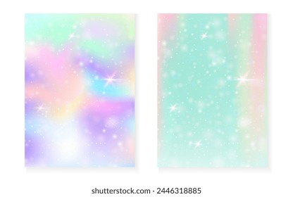 Rainbow background with kawaii princess gradient. Magic unicorn hologram. Holographic fairy set. Stylish fantasy cover. Rainbow background with sparkles and stars for cute girl party invitation.