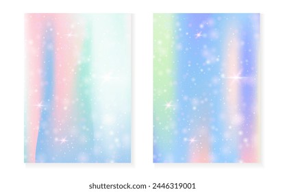 Rainbow background with kawaii princess gradient. Magic unicorn hologram. Holographic fairy set. Bright fantasy cover. Rainbow background with sparkles and stars for cute girl party invitation.