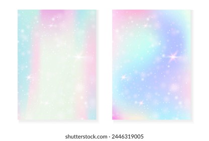 Rainbow background with kawaii princess gradient. Magic unicorn hologram. Holographic fairy set. Multicolor fantasy cover. Rainbow background with sparkles and stars for cute girl party invitation.