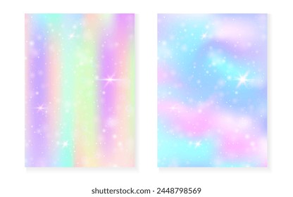 Fondo de arco iris con degradado de princesa kawaii. Holograma mágico de unicornio. Juego de hadas holográficas. Espectro fantasía cubierta. Fondo del arco iris con destellos y estrellas para la invitación linda de la fiesta de la muchacha.