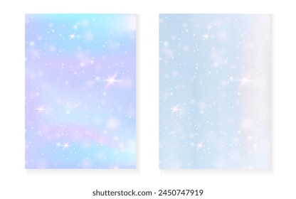 Rainbow background with kawaii princess gradient. Magic unicorn hologram. Holographic fairy set. Fluorescent fantasy cover. Rainbow background with sparkles and stars for cute girl party invitation.