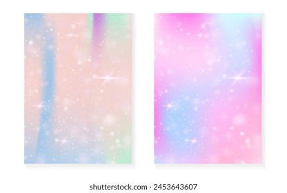 Rainbow background with kawaii princess gradient. Magic unicorn hologram. Holographic fairy set. Mystical fantasy cover. Rainbow background with sparkles and stars for cute girl party invitation.