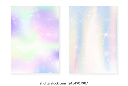 Rainbow background with kawaii princess gradient. Magic unicorn hologram. Holographic fairy set. Stylish fantasy cover. Rainbow background with sparkles and stars for cute girl party invitation.