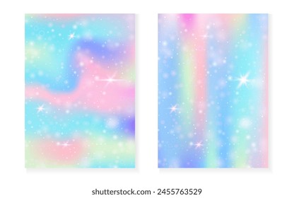 Fondo de arco iris con degradado de princesa kawaii. Holograma mágico de unicornio. Juego de hadas holográficas. Cubierta de fantasía creativa. Fondo del arco iris con destellos y estrellas para la invitación linda de la fiesta de la muchacha.