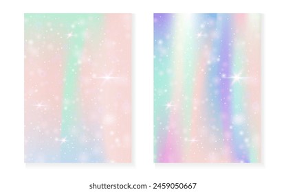Rainbow background with kawaii princess gradient. Magic unicorn hologram. Holographic fairy set. Fluorescent fantasy cover. Rainbow background with sparkles and stars for cute girl party invitation.