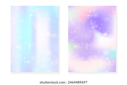 Fondo de arco iris con degradado de princesa kawaii. Holograma mágico de unicornio. Juego de hadas holográficas. Vibrante portada de fantasía. Fondo del arco iris con destellos y estrellas para la invitación linda de la fiesta de la muchacha.