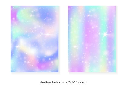Fondo de arco iris con degradado de princesa kawaii. Holograma mágico de unicornio. Juego de hadas holográficas. Espectro fantasía cubierta. Fondo del arco iris con destellos y estrellas para la invitación linda de la fiesta de la muchacha.