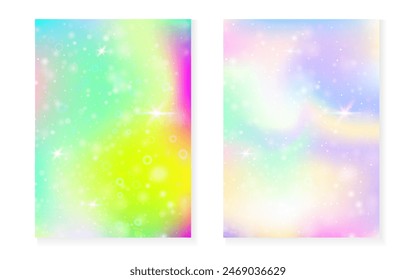 Rainbow background with kawaii princess gradient. Magic unicorn hologram. Holographic fairy set. Vibrant fantasy cover. Rainbow background with sparkles and stars for cute girl party invitation.