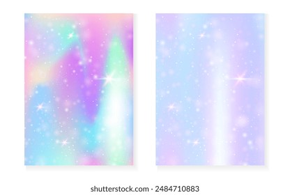 Fondo de arco iris con degradado de princesa kawaii. Holograma mágico de unicornio. Juego de hadas holográficas. Cubierta de fantasía fluorescente. Fondo del arco iris con destellos y estrellas para la invitación linda de la fiesta de la muchacha.