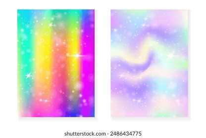 Fondo de arco iris con degradado de princesa kawaii. Holograma mágico de unicornio. Juego de hadas holográficas. Cubierta de fantasía fluorescente. Fondo del arco iris con destellos y estrellas para la invitación linda de la fiesta de la muchacha.