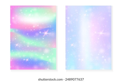 Rainbow background with kawaii princess gradient. Magic unicorn hologram. Holographic fairy set. Spectrum fantasy cover. Rainbow background with sparkles and stars for cute girl party invitation.