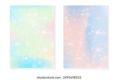 Regenbogen Hintergrund mit Kawaii Prinzessin Gradient. Magisches Einhorn-Hologramm. Holografisches Feenset. In: Spectrum Fantasy Cover. Regenbogen Hintergrund mit Funkeln und Sternen für süße Mädchen Party Einladung.