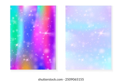 Fondo de arco iris con degradado de princesa kawaii. Holograma de unicornio mágico. Conjunto de hadas holográficas. Funda de fantasía fluorescente. Fondo del arco iris con destellos y estrellas para la invitación linda del partido de la muchacha.