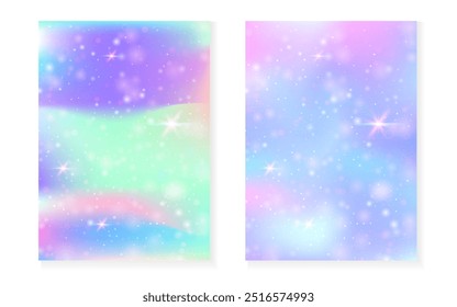 Rainbow background with kawaii princess gradient. Magic unicorn hologram. Holographic fairy set. Multicolor fantasy cover. Rainbow background with sparkles and stars for cute girl party invitation.
