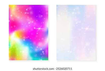 Rainbow background with kawaii princess gradient. Magic unicorn hologram. Holographic fairy set. Creative fantasy cover. Rainbow background with sparkles and stars for cute girl party invitation.