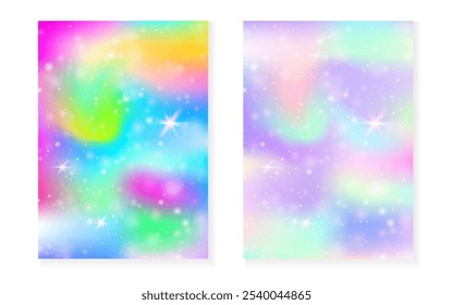 Fondo de arco iris con degradado de princesa kawaii. Holograma de unicornio mágico. Conjunto de hadas holográficas. Tapa de fantasía creativa. Fondo del arco iris con destellos y estrellas para la invitación linda del partido de la muchacha.