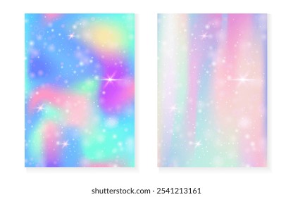 Rainbow background with kawaii princess gradient. Magic unicorn hologram. Holographic fairy set. Multicolor fantasy cover. Rainbow background with sparkles and stars for cute girl party invitation.