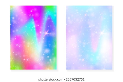 Rainbow background with kawaii princess gradient. Magic unicorn hologram.
