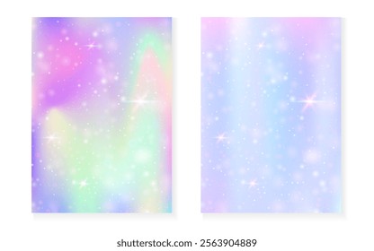 Rainbow background with kawaii princess gradient. Magic unicorn hologram.