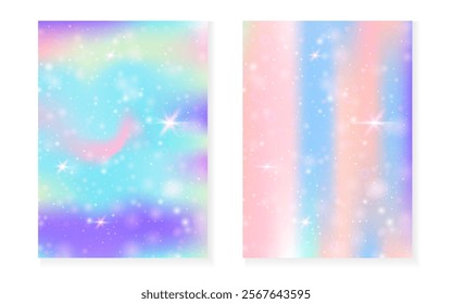 Rainbow background with kawaii princess gradient. Magic unicorn hologram.