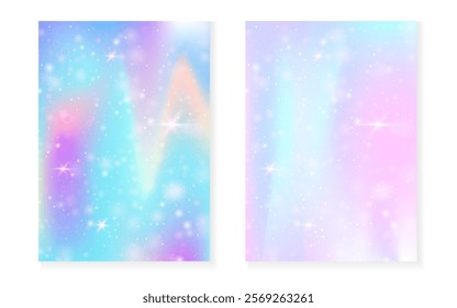 Rainbow background with kawaii princess gradient. Magic unicorn hologram.