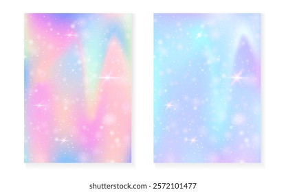 Rainbow background with kawaii princess gradient. Magic unicorn hologram.