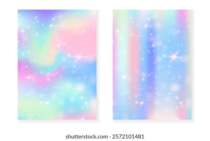 Rainbow background with kawaii princess gradient. Magic unicorn hologram.