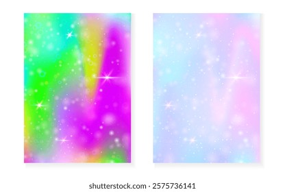 Rainbow background with kawaii princess gradient. Magic unicorn hologram.