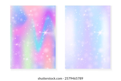 Rainbow background with kawaii princess gradient. Magic unicorn hologram.