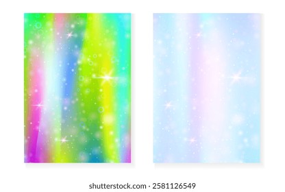 Rainbow background with kawaii princess gradient. Magic unicorn hologram.