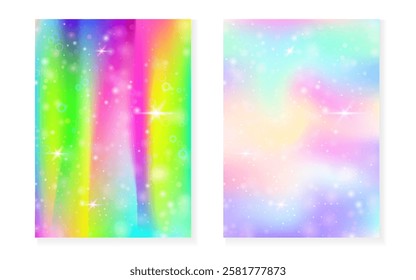Rainbow background with kawaii princess gradient. Magic unicorn hologram.
