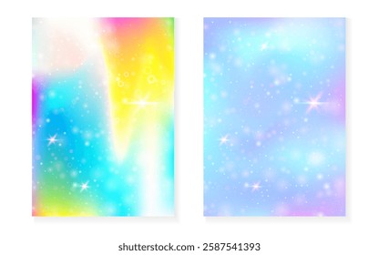 Rainbow background with kawaii princess gradient. Magic unicorn hologram.