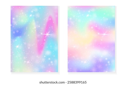 Rainbow background with kawaii princess gradient. Magic unicorn hologram.