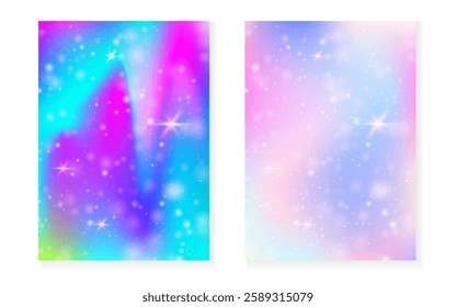 Rainbow background with kawaii princess gradient. Magic unicorn hologram.
