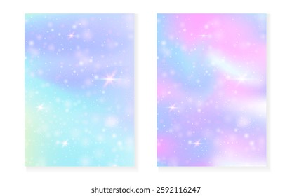 Rainbow background with kawaii princess gradient. Magic unicorn hologram.