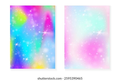 Rainbow background with kawaii princess gradient. Magic unicorn hologram.