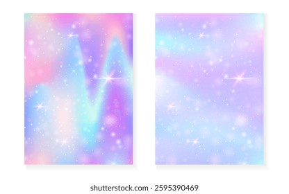 Rainbow background with kawaii princess gradient. Magic unicorn hologram.
