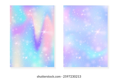 Rainbow background with kawaii princess gradient. Magic unicorn hologram.