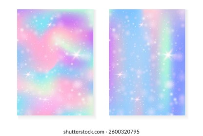 Rainbow background with kawaii princess gradient. Magic unicorn hologram.