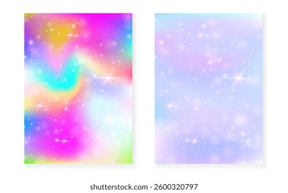 Rainbow background with kawaii princess gradient. Magic unicorn hologram.