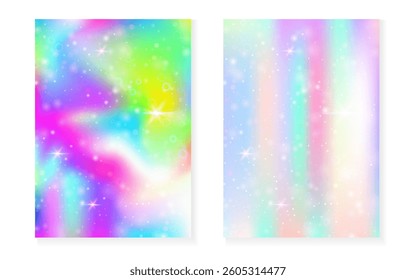 Rainbow background with kawaii princess gradient. Magic unicorn hologram.
