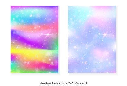 Rainbow background with kawaii princess gradient. Magic unicorn hologram.