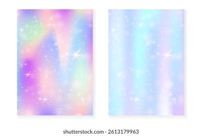 Rainbow background with kawaii princess gradient. Magic unicorn hologram.