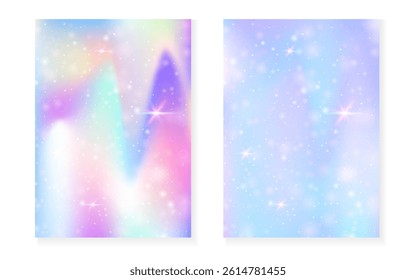 Rainbow background with kawaii princess gradient. Magic unicorn hologram.