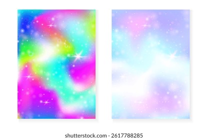 Rainbow background with kawaii princess gradient. Magic unicorn hologram.