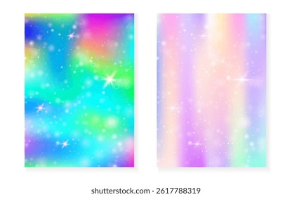 Rainbow background with kawaii princess gradient. Magic unicorn hologram.